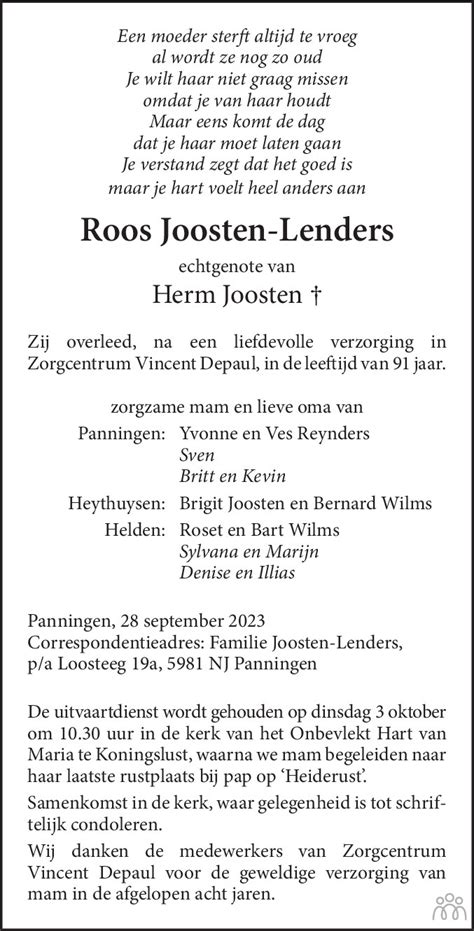 Roos Joosten Lenders Overlijdensbericht En Condoleances