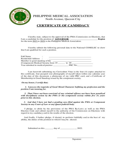 Fillable Online Certificate Of Candidacy Philippine Medical