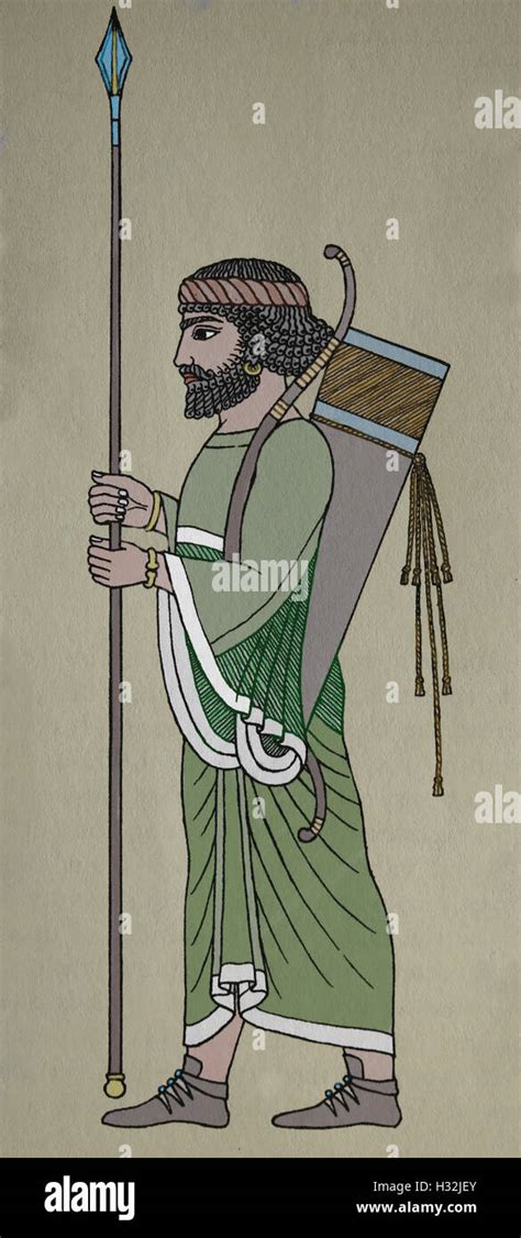 Achaemenid Empire. Persian soldier. 6th c. BC. Susa. Iran. Engraving, color. 19th c Stock Photo ...