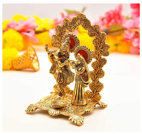 Metal Gold Plated Radha Krishna Idol Statue With Diya Hindu Religious