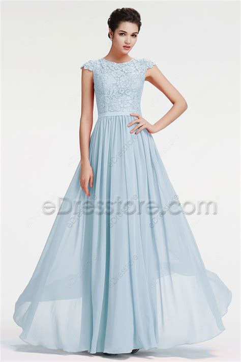 Modest Lds Procelain Blue Lace Chiffon Bridesmaid Dresses Cap Sleeves