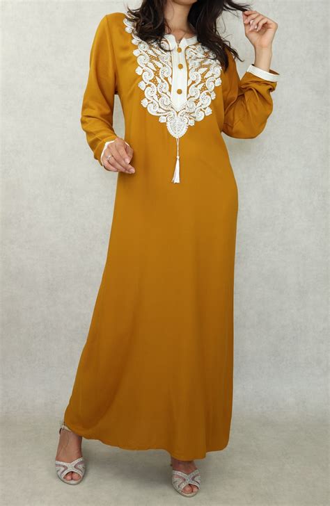 Robe Orientale Longue Brod E Pour Femme Couleur Jaune Moutarde Pr T