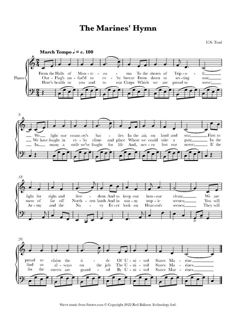 The Marines Hymn Easy Sheet Music For Piano