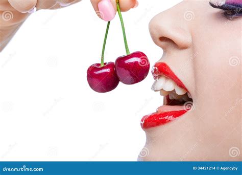 Close Up View of Girl with Red Lips Eating Two Berries Stock Photo ...