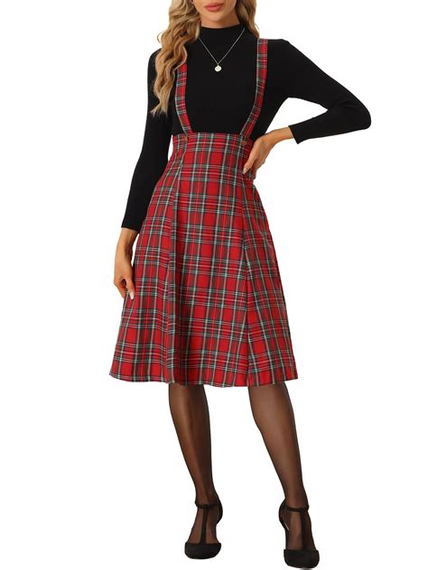 Allegra K Womens Plaid Midi Suspender Skirt For Tartan Pinafore