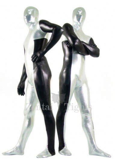 Silver And Black Shiny Metallic Unisex Full Body Zentai Suit Zentai