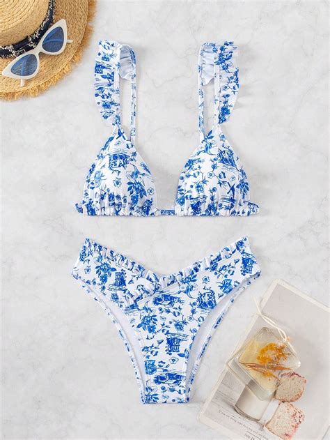 SHEIN Swim Summer Beach Women Printed Ruffled Bikini Set With Swim Bra And Bottom For Beach