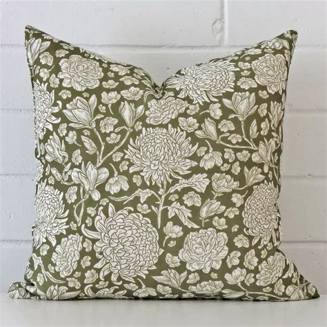 Ava Linen Olive Green Floral Cushion Cover Large