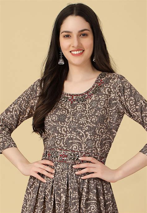 Buy Digital Printed Rayon Aline Dress In Grey Online TPA2654 Utsav