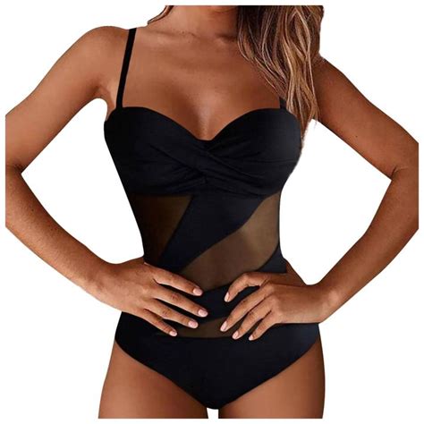 New Style Women S One Piece Solid Color Mesh Patchwork Cutout Bikini Swimsuit Summer Beach