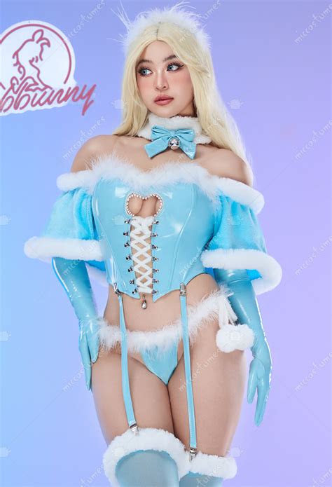 Women Sexy Lingerie Set Winter Blue White Furry Heart Hollow Top And Panty With Cloak Cosplay