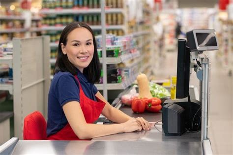 Mulher Alegre Trabalhando Em Um Supermercado Sentada No Caixa Foto