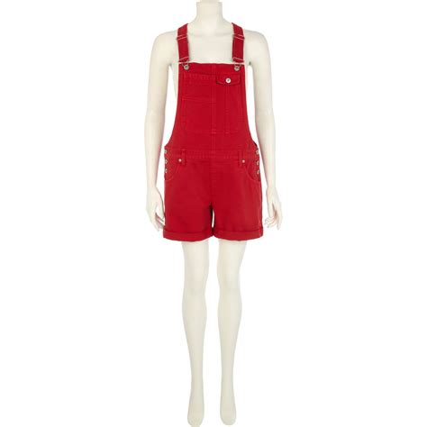 River Island Bright Red Short Denim Overalls In Red Lyst