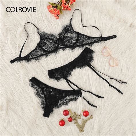 Colrovie Black Eyelash Lace Garter Transparent Lingerie Set