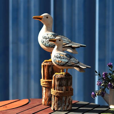 2pcs Wooden Seagull Nautical Bird Figurines Hand Carved Wood Etsy