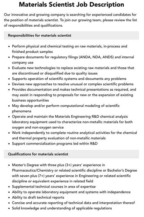 Materials Scientist Job Description | Velvet Jobs