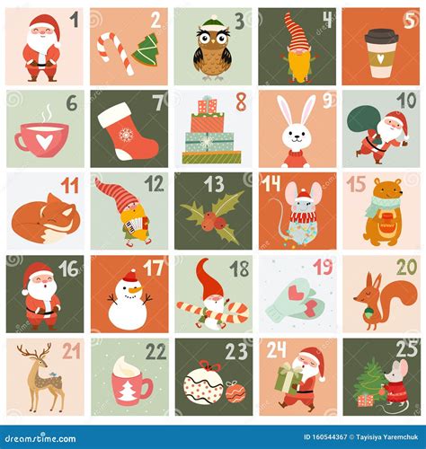 Calendario De Navidad Con Personajes De Dibujos Animados Y Elementos