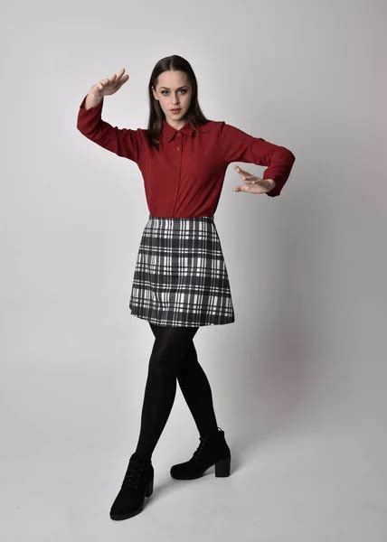 Full Length Portrait Pretty Brunette Girl Wearing Red Shirt Plaid Stock