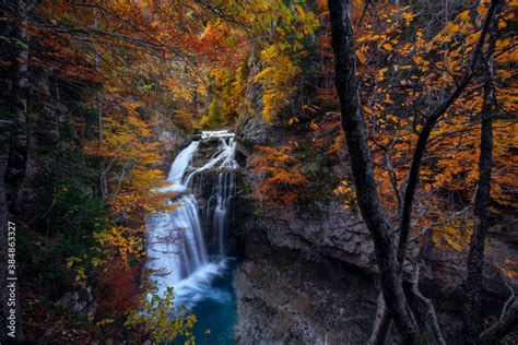 Waterfall in a forest at autumn Stock Photo | Adobe Stock