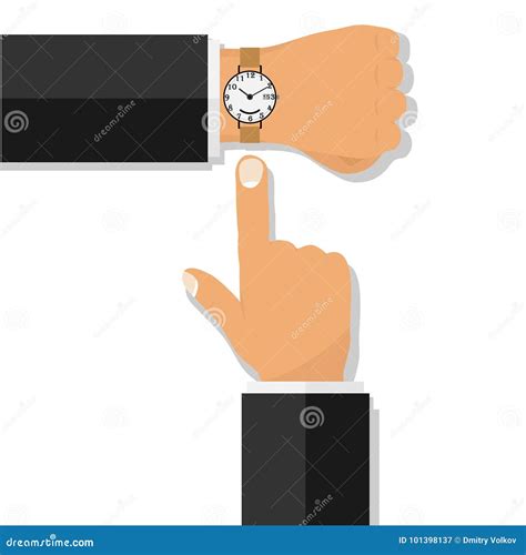 Hand With A Wristwatch The Finger Points To The Clock Stock Vector