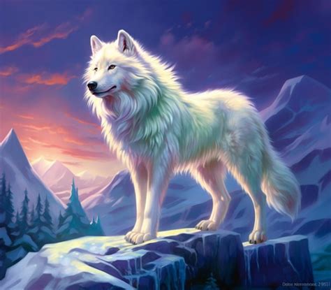 Premium Photo Painting Of A White Wolf Standing On A Rock In The