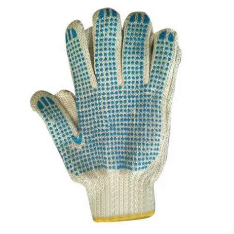 Full Fingered White And Blue Pvc Dotted Cotton Safety Hand Gloves Size