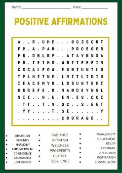 Positive Affirmations Word Search Puzzles Worksheet Activity Tpt