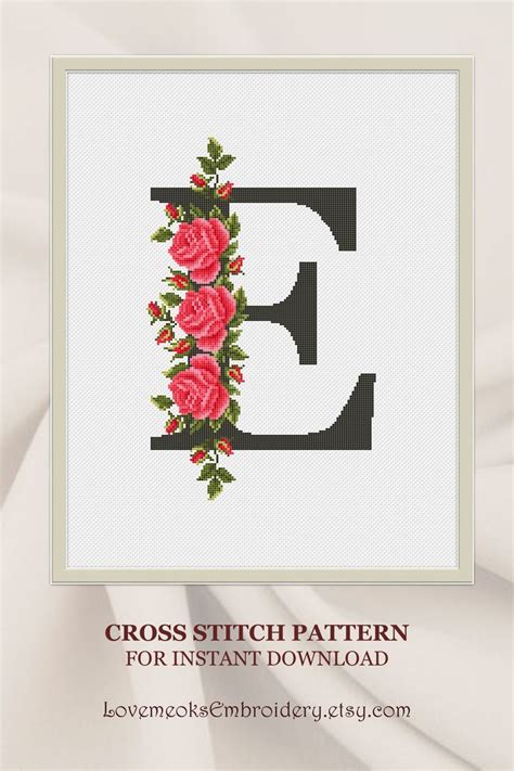 Letter A With Red Rose Cross Stitch Pattern PDF Floral Personalized