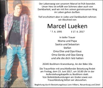 Traueranzeigen Von Marcel Lueken Nordwest Trauer De