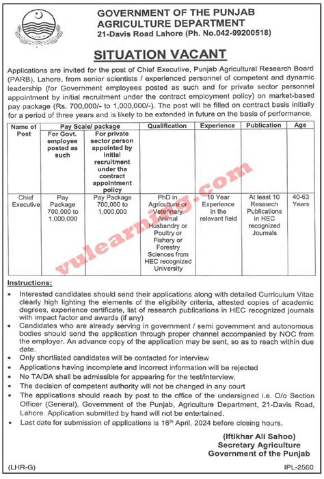 Agriculture Department Punjab Jobs For Chief Executive At Punjab