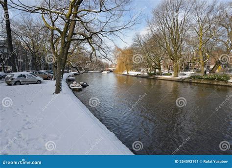 Amsterdam Winter Snow Canal Amstel City Center. Stock Image - Image of urban, water: 254093191