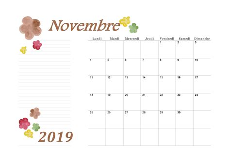 Calendrier Novembre 2019 à imprimer - calendriers imprimables en pdf 