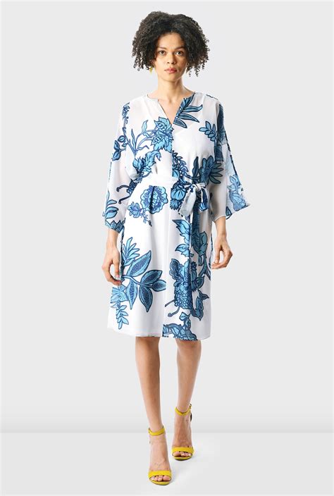 Shop Sash Tie Leafy Vine Print Georgette Shift Dress Eshakti