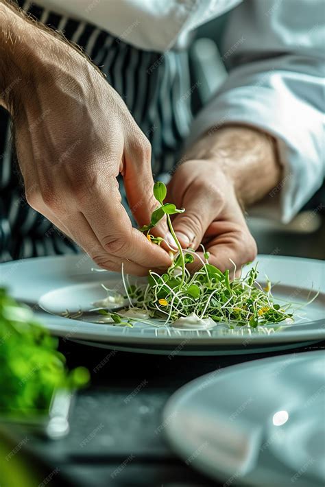 A chefs hands skillfully garnishing a gourmet dish with a handful of