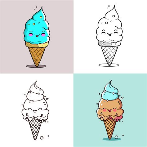 Cute Ice Cream Cartoon Line Art Vector Icon Illustration Food Drinks