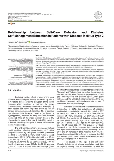 Pdf Relationship Between Self Care Behavior And Diabetes Self Management Education In Patients