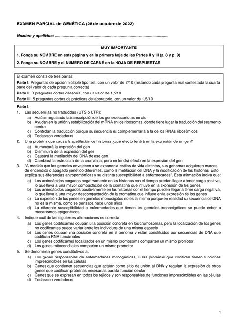 Parcial tipo test EXAMEN PARCIAL de GENÉTICA 28 de octubre