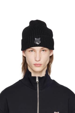 Maison Kitsun Black Bold Fox Head Patch Beanie Ssense Uk