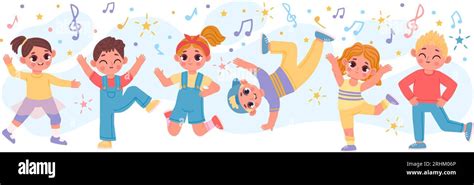 Happy cartoon children group dancing and jumping together. Fun active ...