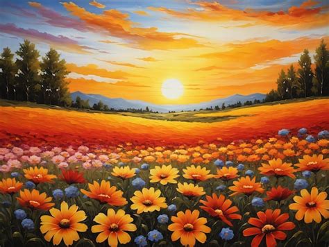 Premium AI Image | A Painting Of A Sunset Over A Field Of Flowers