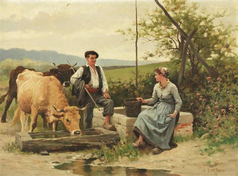 A Painting Of Two People Sitting On A Bench Next To Cows And Drinking