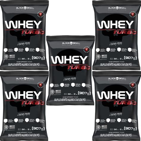 Kit 5x Whey Turbo 907g Refil Morango Black Skull Otimanutri