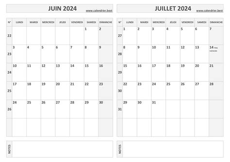 Calendrier juin et juillet 2024 à imprimer Calendrier best