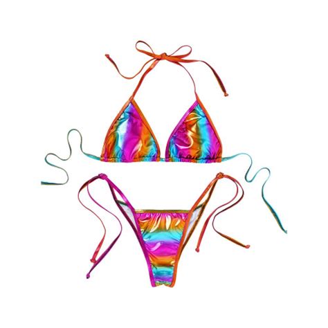 Women Metallic Bikini Set Bathing Suits Lace Up Padded Bra With Thongs