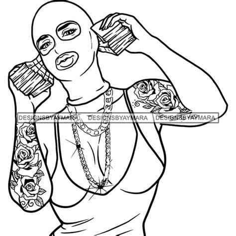 Gangsta Gangster Woman Money Stack Ski Mask Badass Arm Sleeve Tattoo H