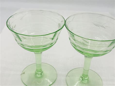 Vintage Depression Glass Green Vaseline Set Of 2 Sherbet Coupe Glasses Etched Joanntiques