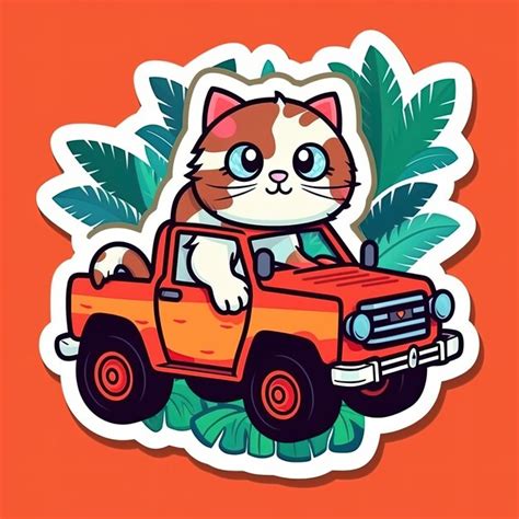 Lindo Gato De Dibujos Animados Conduciendo Un Coche Foto Premium