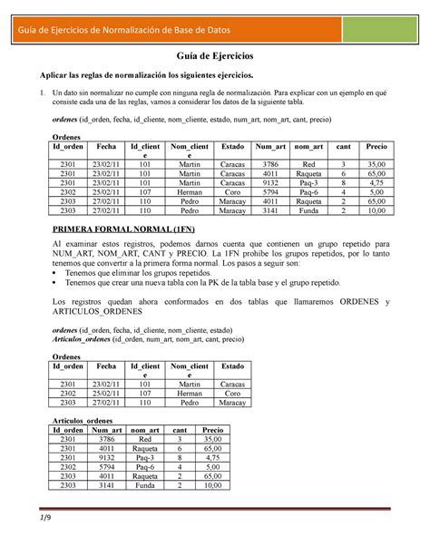 Normalizacion 3 formas normales Guía de Ejercicios Aplicar las reglas