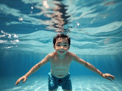 Premium AI Image | Kid swimming underwater in pool blue sea water child boy swimming in sea