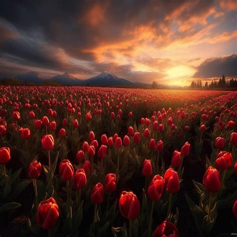 Premium AI Image | A sunset with a field of tulips in front of a mountain.